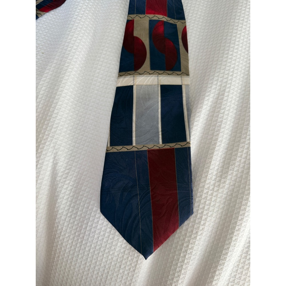 Don Loper Beverly Hills Mens Silk Tie Navy Blue Red Grey Geometric Abstract